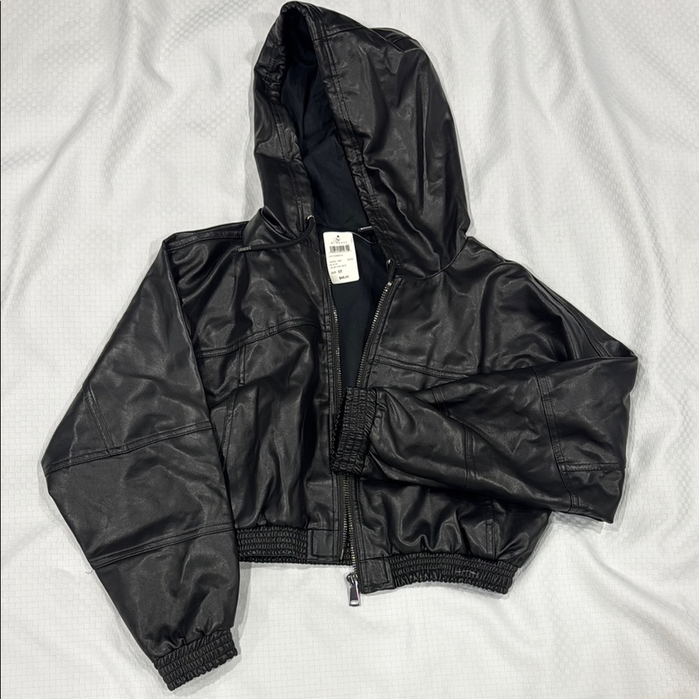 Black Leather Jacket with Hood